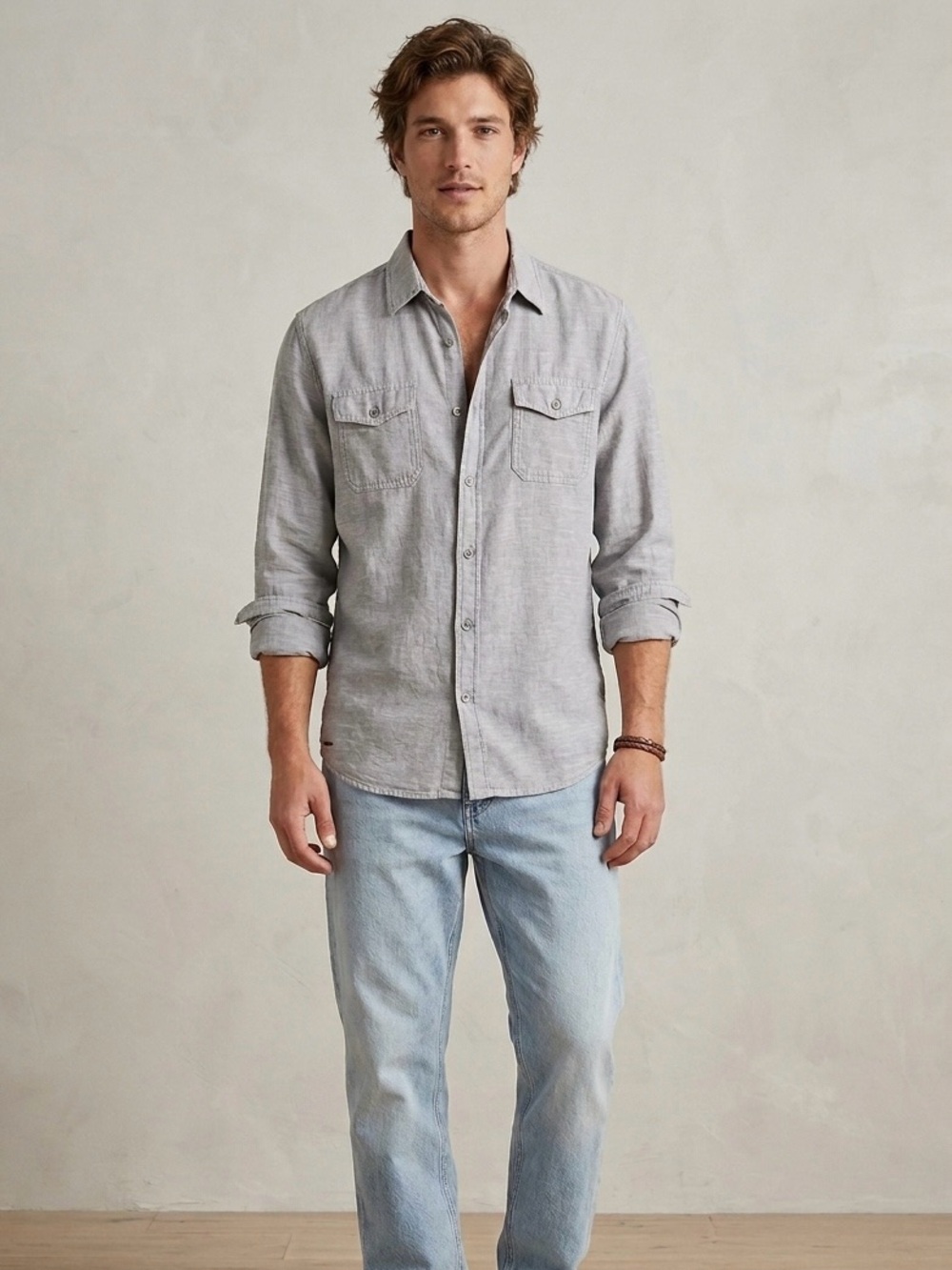 Guess Light Gray Cotton-Blend Casual Button-Up